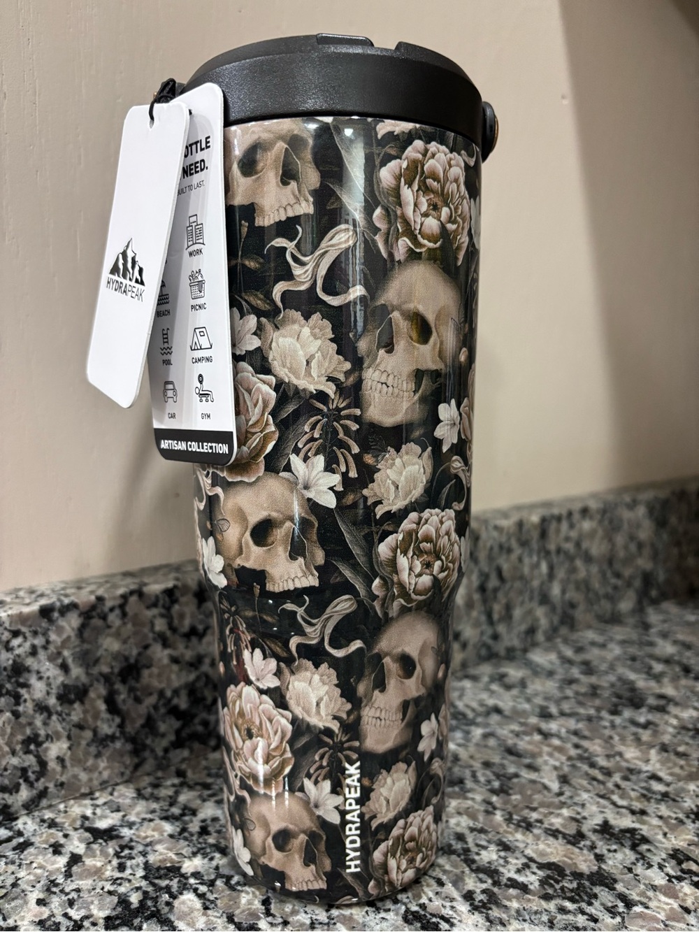 HydraPeak Floral Rose Skull Insulated Tumbler Halloween Black Spooky Fall Gothic